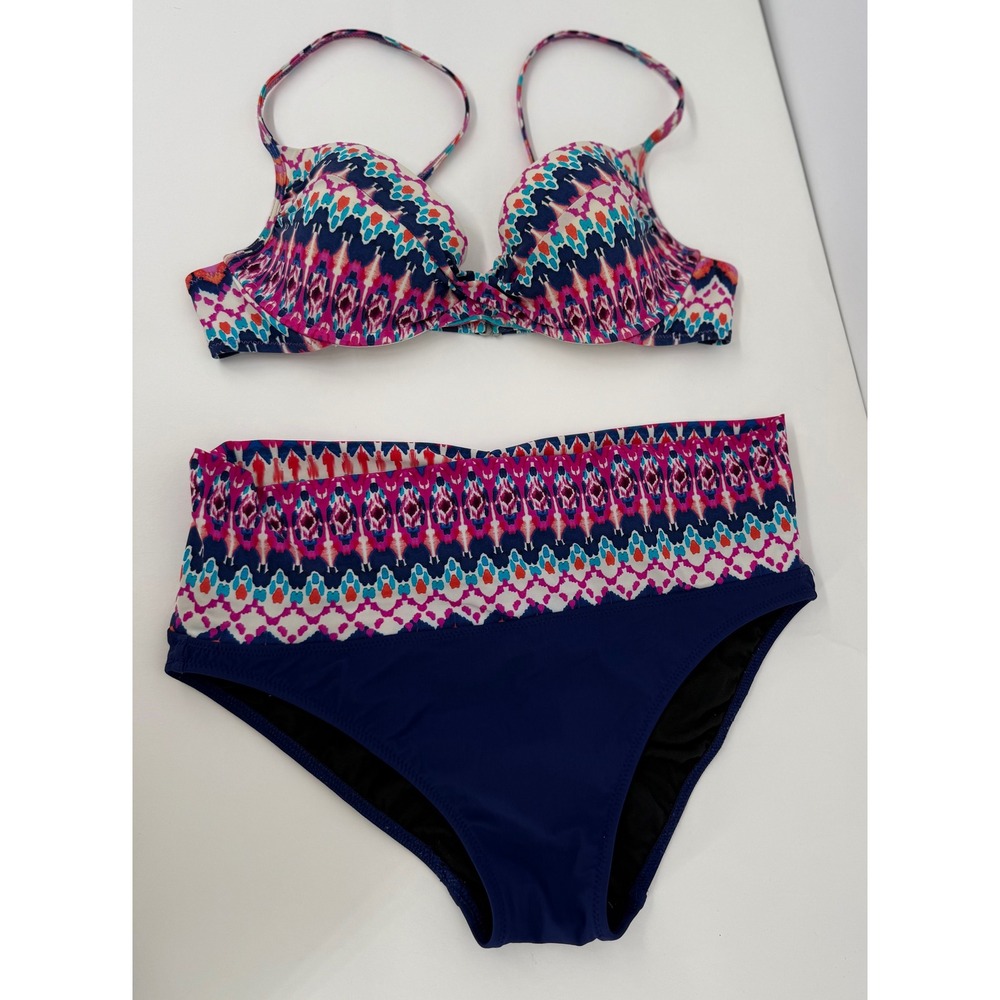 Profile‎ by Gottex Womens Navy Pink Ikat High Waisted Bikini Set Size 8